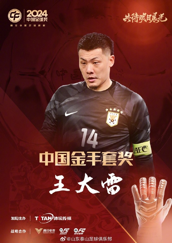  王大雷榮獲中國金手套獎，謝文能入選中國金球獎候選人前三名