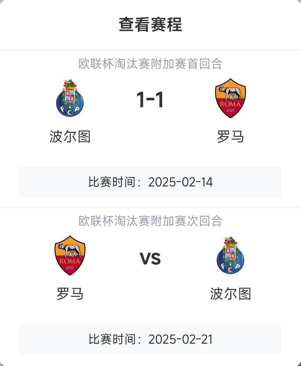  羅馬頂?shù)米幔恳饧讱W戰(zhàn)8隊3隊直通4隊出局，羅馬首回合1-1波爾圖
