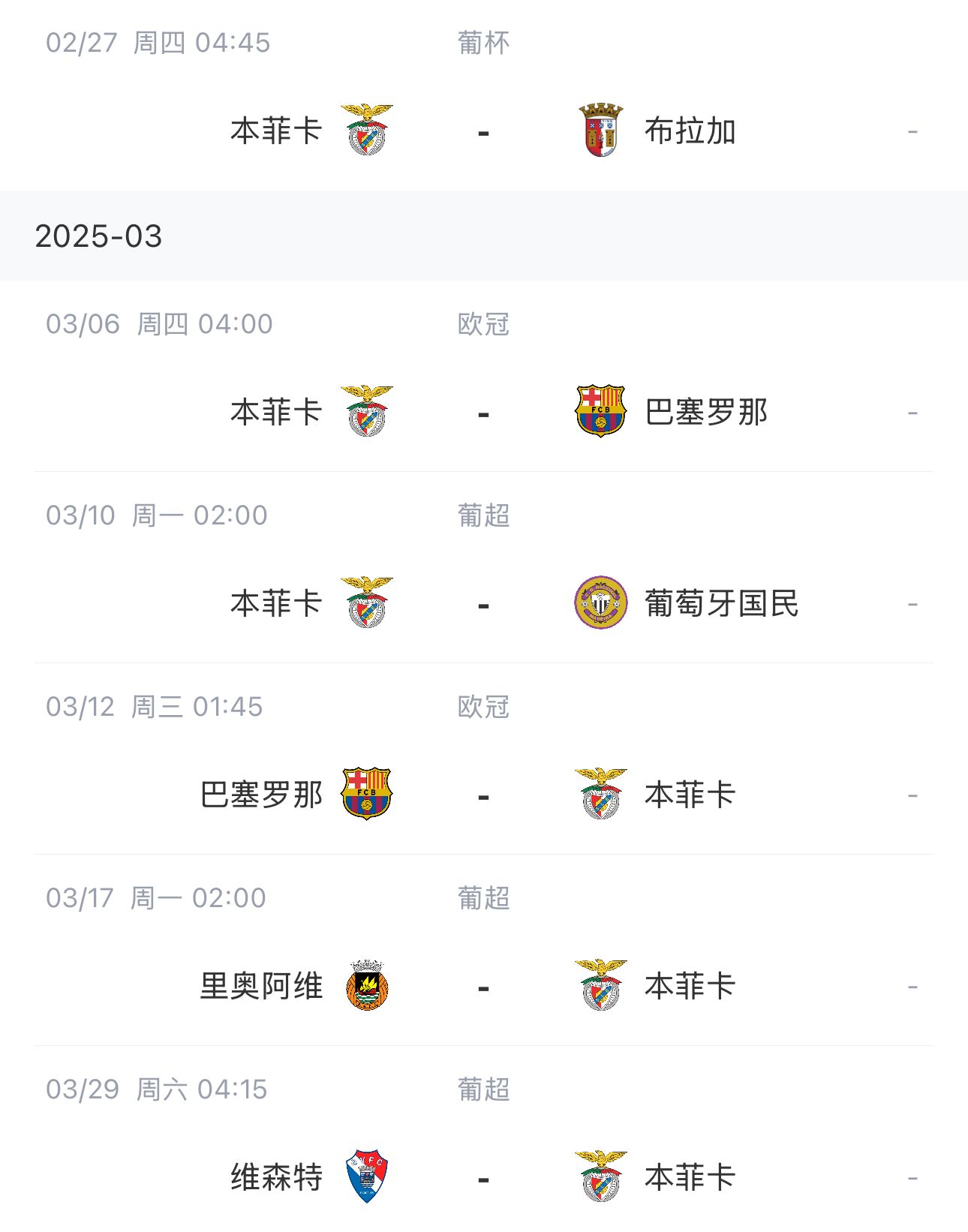  讓路歐冠！本菲卡戰(zhàn)巴薩首回合比賽前的葡超比賽推遲進(jìn)行