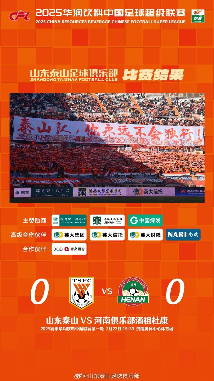  中超首戰(zhàn)，泰山隊雖未取勝，但全隊展現(xiàn)出了頑強(qiáng)的拼搏精神